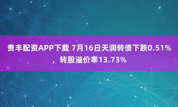 贵丰配资APP下载 7月16日天润转债下跌0.51%，转股溢价率13.73%